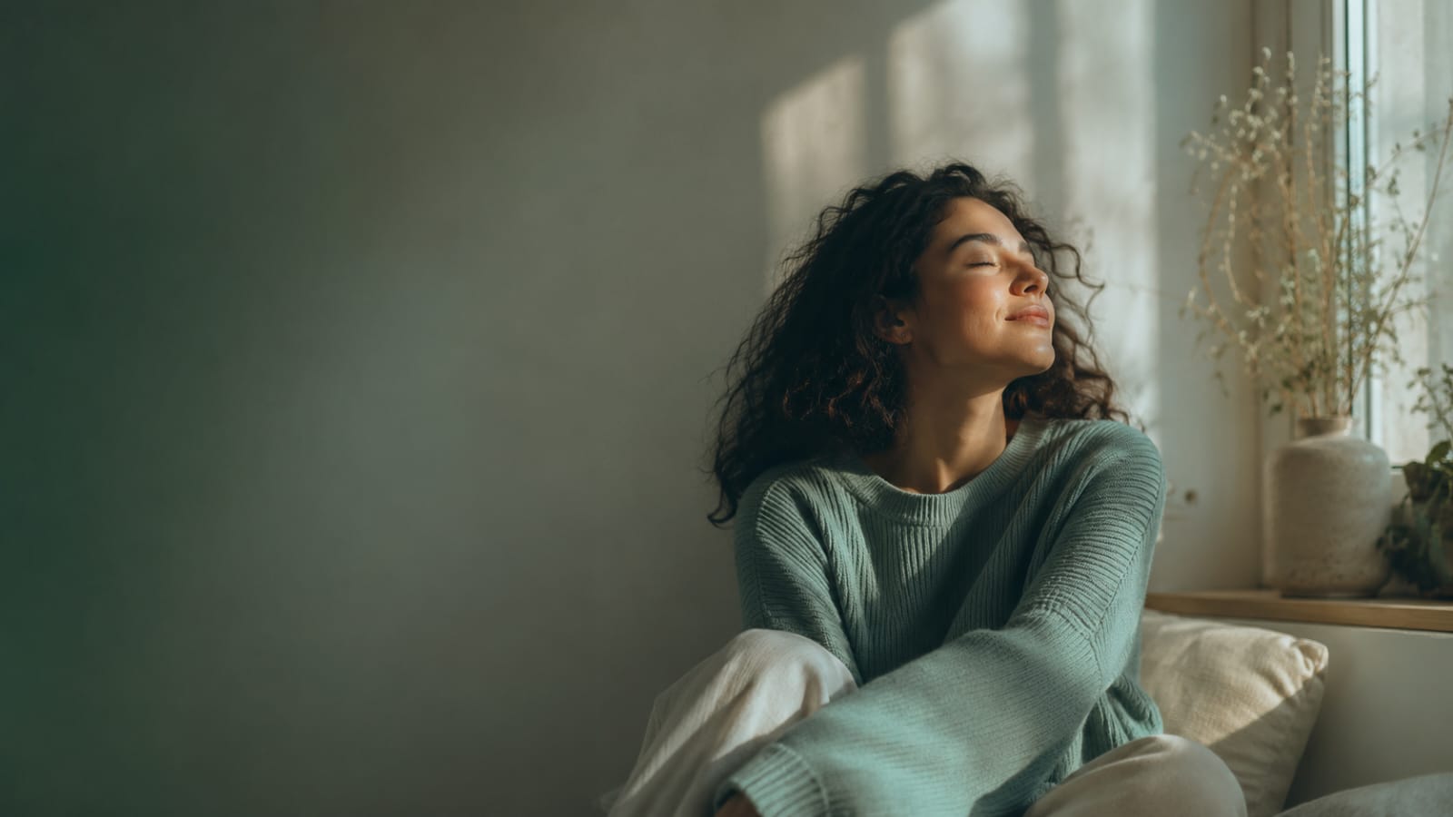 Mulher em suéter verde sage em pose contemplativa, representa o cuidado de quem trabalha